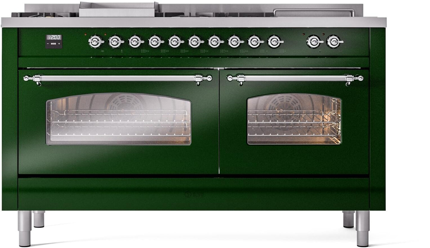 Ilve UP60FSNMPEGC Nostalgie Ii 60 Inch Dual Fuel Natural Gas Freestanding Range In Emerald Green With Chrome Trim