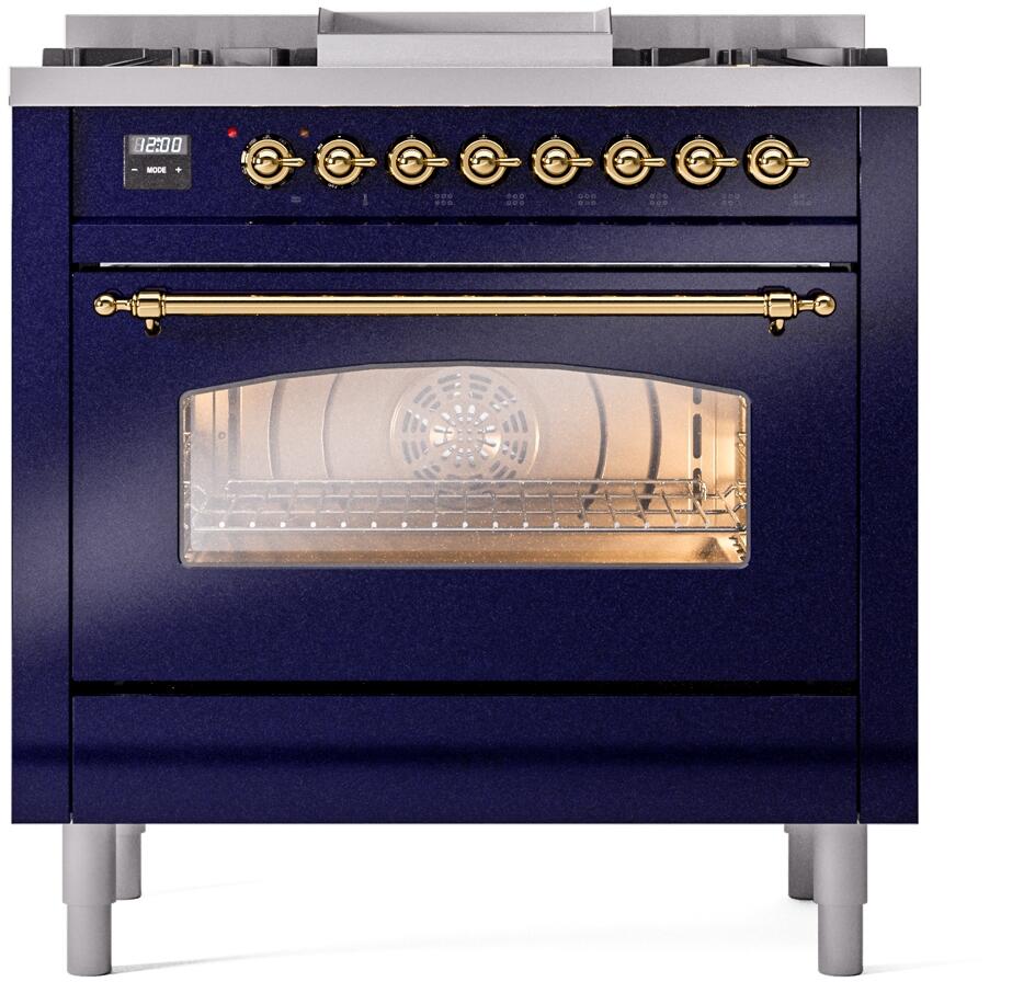 Ilve UP36FNMPMBG Nostalgie Ii 36 Inch Dual Fuel Natural Gas Freestanding Range In Blue With Brass Trim