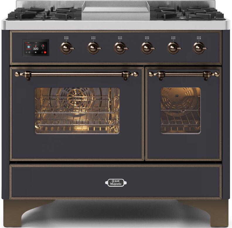 Ilve UMD10FDNS3MGBLP Majestic Ii 40 Inch Dual Fuel Liquid Propane Freestanding Range In Matte Graphite With Bronze Trim