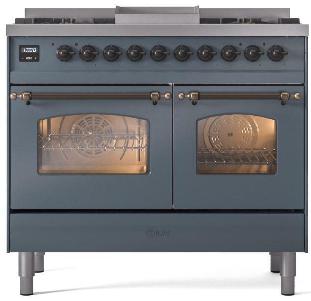 Ilve UPD40FNMPBGB Nostalgie Ii 40 Inch Dual Fuel Natural Gas Freestanding Range In Blue Grey With Bronze Trim