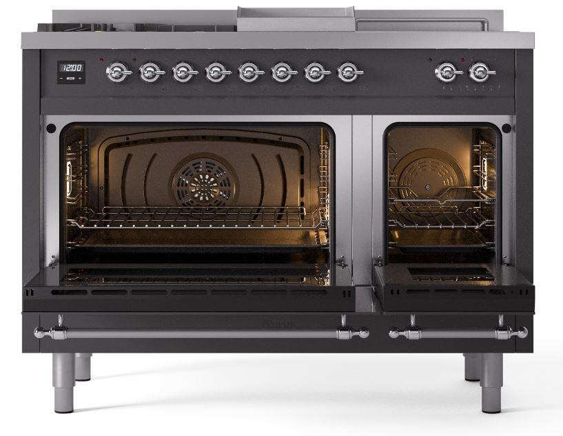 Ilve UP48FSNMPMGC Nostalgie Ii 48 Inch Dual Fuel Natural Gas Freestanding Range In Matte Graphite With Chrome Trim