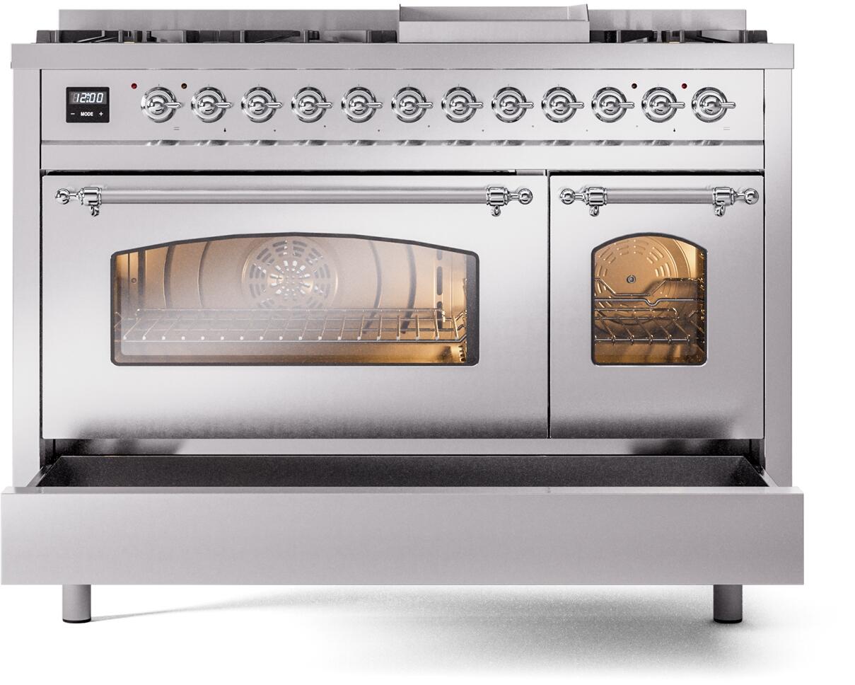 Ilve UP48FNMPSSC Nostalgie Ii 48 Inch Dual Fuel Natural Gas Freestanding Range In Stainless Steel With Chrome Trim