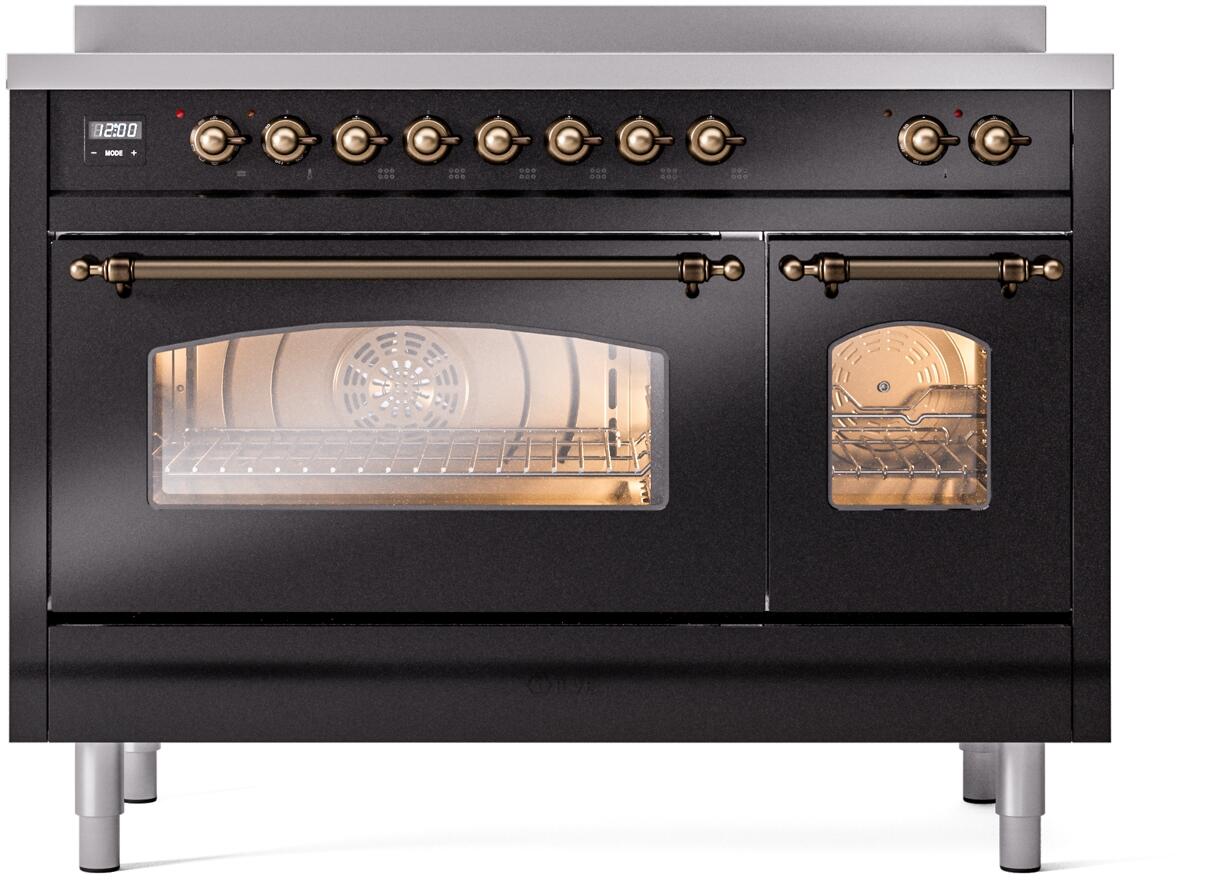 Ilve UPI486NMPBKB Nostalgie Ii 48 Inch Electric Freestanding Range In Glossy Black With Bronze Trim