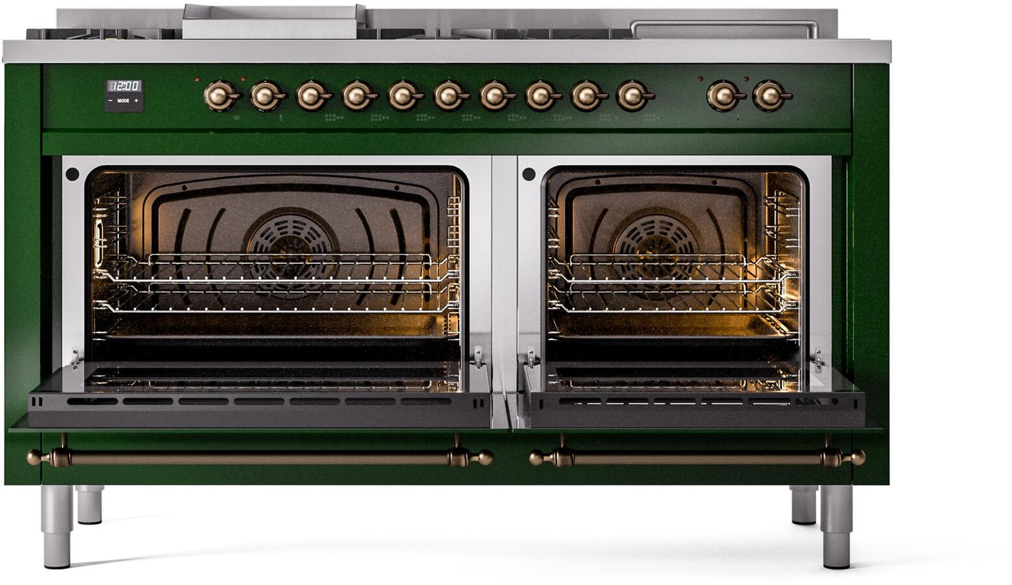 Ilve UP60FSNMPEGB Nostalgie Ii 60 Inch Dual Fuel Natural Gas Freestanding Range In Emerald Green With Bronze Trim