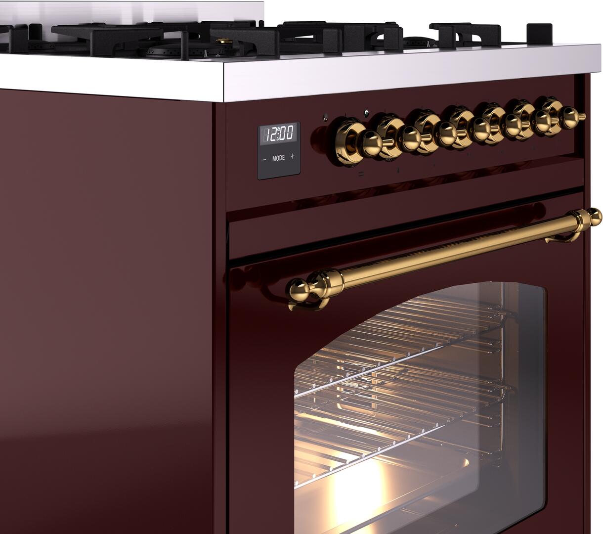 Ilve UP30NMPBUG Nostalgie Ii 30 Inch Dual Fuel Natural Gas Freestanding Range In Burgundy With Brass Trim