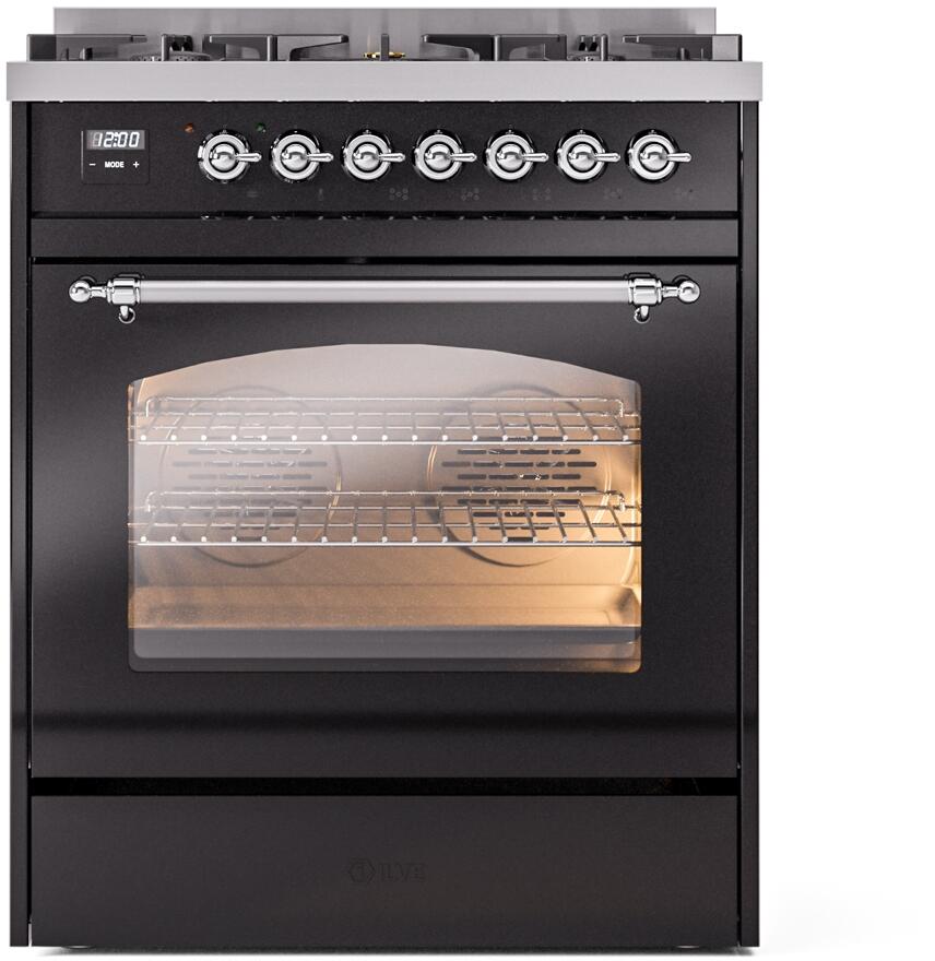 Ilve UP30NMPBKCLP Nostalgie Ii 30 Inch Dual Fuel Liquid Propane Freestanding Range In Glossy Black With Chrome Trim