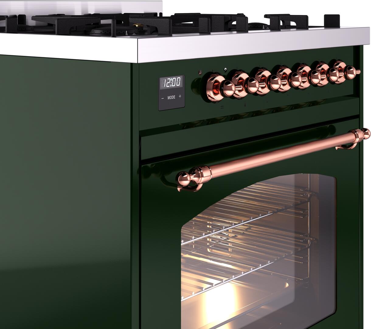 Ilve UP30NMPEGP Nostalgie Ii 30 Inch Dual Fuel Natural Gas Freestanding Range In Emerald Green With Copper Trim