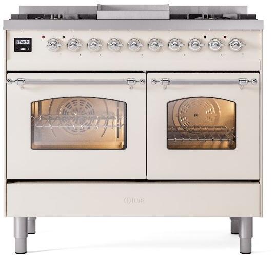 Ilve UPD40FNMPAWC Nostalgie Ii 40 Inch Dual Fuel Natural Gas Freestanding Range In Antique White With Chrome Trim