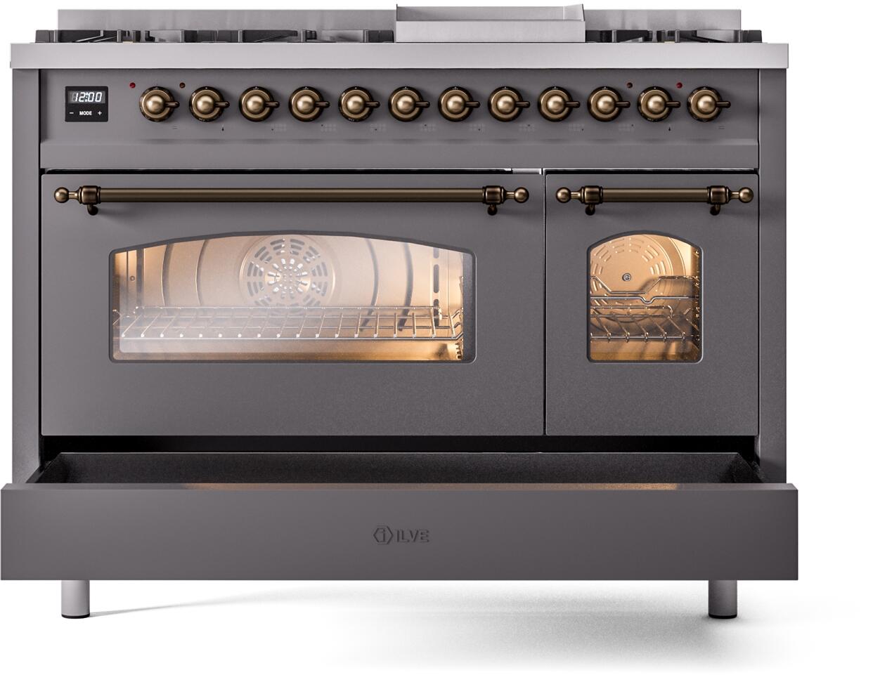 Ilve UP48FNMPMGB Nostalgie Ii 48 Inch Dual Fuel Natural Gas Freestanding Range In Matte Graphite With Bronze Trim