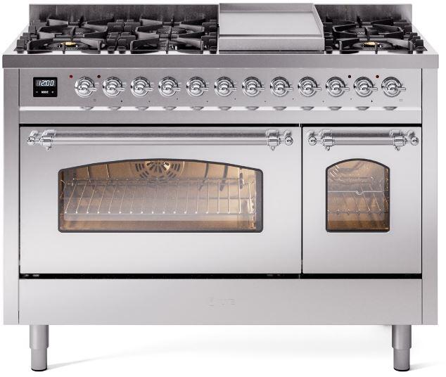 Ilve UP48FNMPSSCLP Nostalgie Ii 48 Inch Dual Fuel Liquid Propane Freestanding Range In Stainless Steel With Chrome Trim