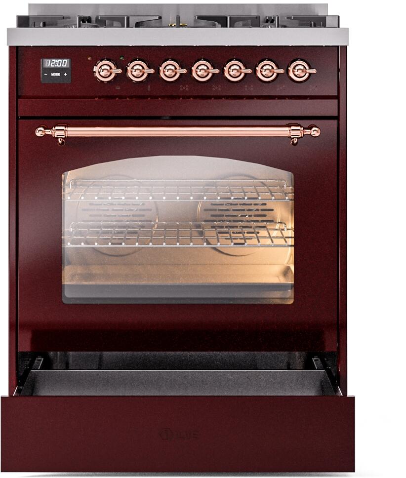 Ilve UP30NMPBUP Nostalgie Ii 30 Inch Dual Fuel Natural Gas Freestanding Range In Burgundy With Copper Trim