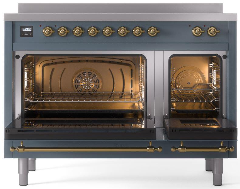 Ilve UPI486NMPBGG Nostalgie Ii 48 Inch Electric Freestanding Range In Blue Grey With Brass Trim