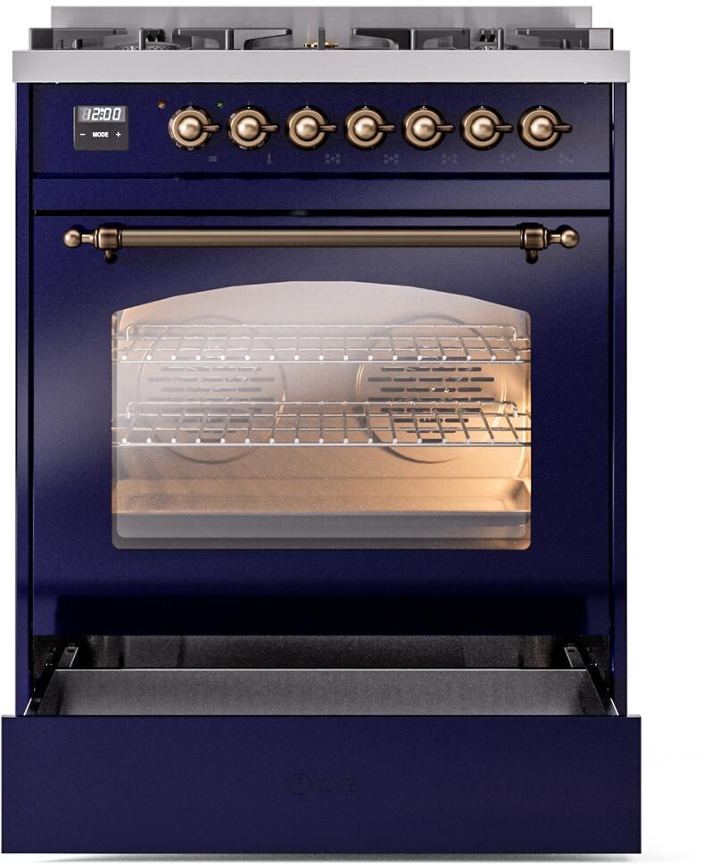 Ilve UP30NMPMBBLP Nostalgie Ii 30 Inch Dual Fuel Liquid Propane Freestanding Range In Blue With Bronze Trim