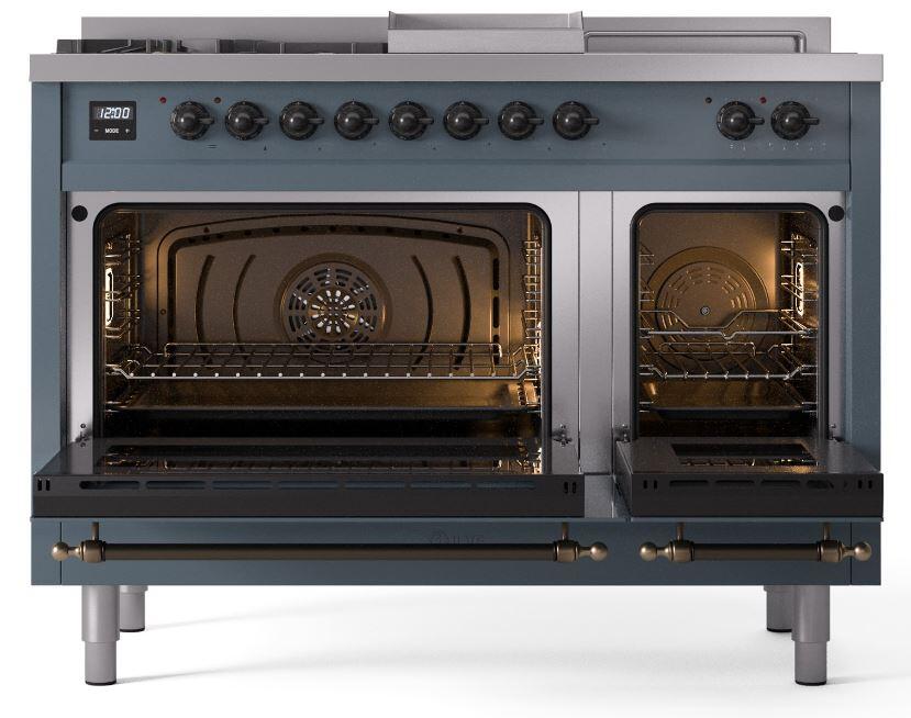 Ilve UP48FSNMPBGB Nostalgie Ii 48 Inch Dual Fuel Natural Gas Freestanding Range In Blue Grey With Bronze Trim