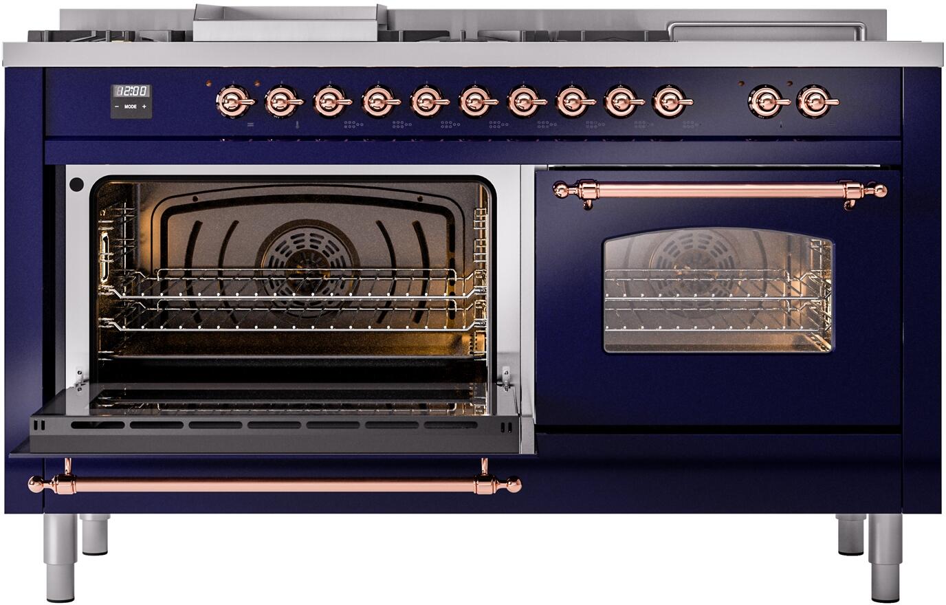 Ilve UP60FSNMPMBP Nostalgie Ii 60 Inch Dual Fuel Natural Gas Freestanding Range In Blue With Copper Trim