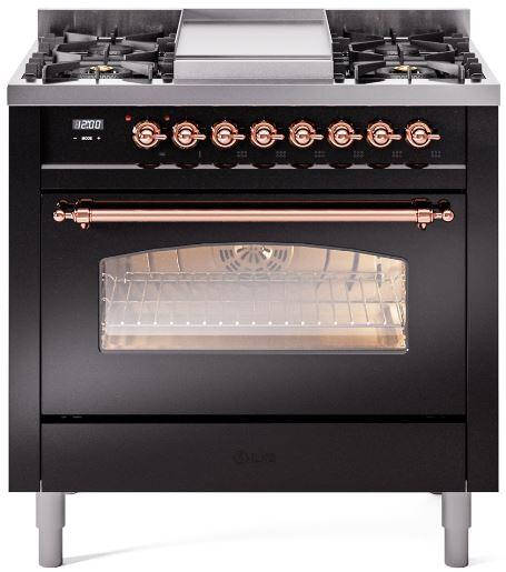 Ilve UP36FNMPBKP Nostalgie Ii 36 Inch Dual Fuel Natural Gas Freestanding Range In Glossy Black With Copper Trim