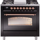 Ilve UP36FNMPBKP Nostalgie Ii 36 Inch Dual Fuel Natural Gas Freestanding Range In Glossy Black With Copper Trim