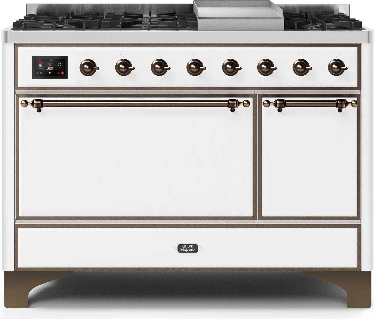 Ilve UM12FDQNS3WHBLP Majestic Ii 48 Inch Dual Fuel Liquid Propane Freestanding Range In White With Bronze Trim