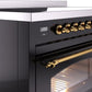 Ilve UPI486NMPBKG Nostalgie Ii 48 Inch Electric Freestanding Range In Glossy Black With Brass Trim