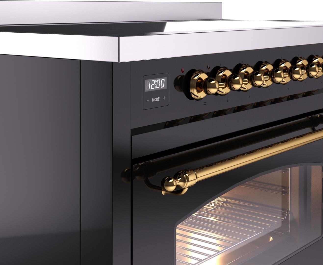 Ilve UPI486NMPBKG Nostalgie Ii 48 Inch Electric Freestanding Range In Glossy Black With Brass Trim