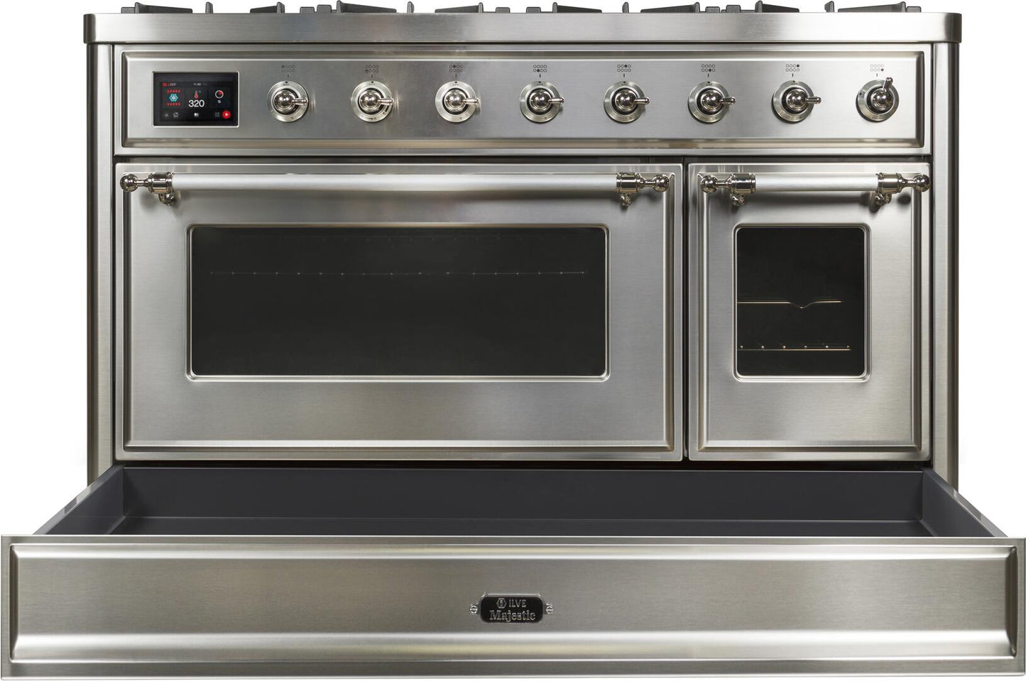 Ilve UM12FDNS3SSCLP Majestic Ii 48 Inch Dual Fuel Liquid Propane Freestanding Range In Stainless Steel With Chrome Trim