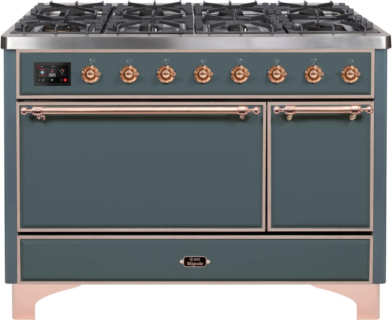 Ilve UM12FDQNS3BGPLP Majestic Ii 48 Inch Dual Fuel Liquid Propane Freestanding Range In Blue Grey With Copper Trim