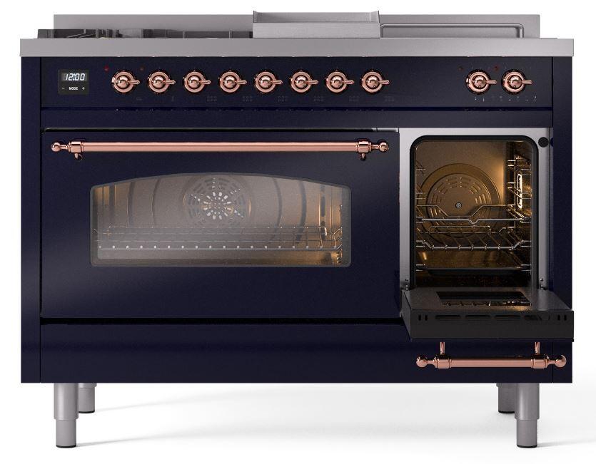 Ilve UP48FSNMPMBPLP Nostalgie Ii 48 Inch Dual Fuel Liquid Propane Freestanding Range In Blue With Copper Trim