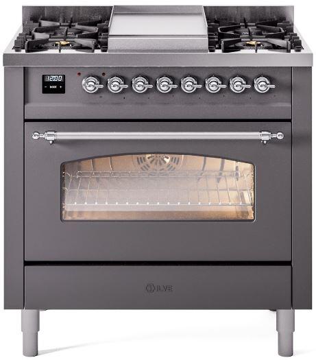 Ilve UP36FNMPMGC Nostalgie Ii 36 Inch Dual Fuel Natural Gas Freestanding Range In Matte Graphite With Chrome Trim