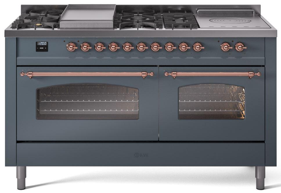 Ilve UP60FSNMPBGPLP Nostalgie Ii 60 Inch Dual Fuel Liquid Propane Freestanding Range In Blue Grey With Copper Trim