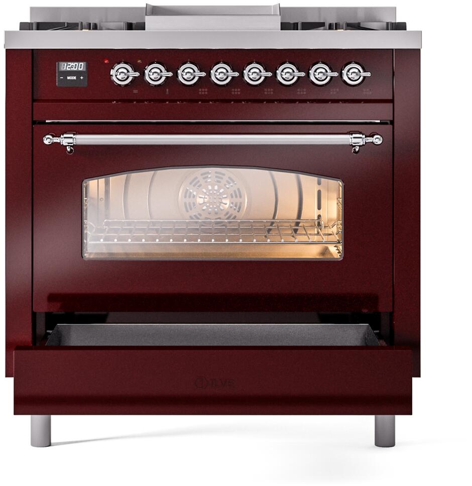 Ilve UP36FNMPBUCLP Nostalgie Ii 36 Inch Dual Fuel Liquid Propane Freestanding Range In Burgundy With Chrome Trim