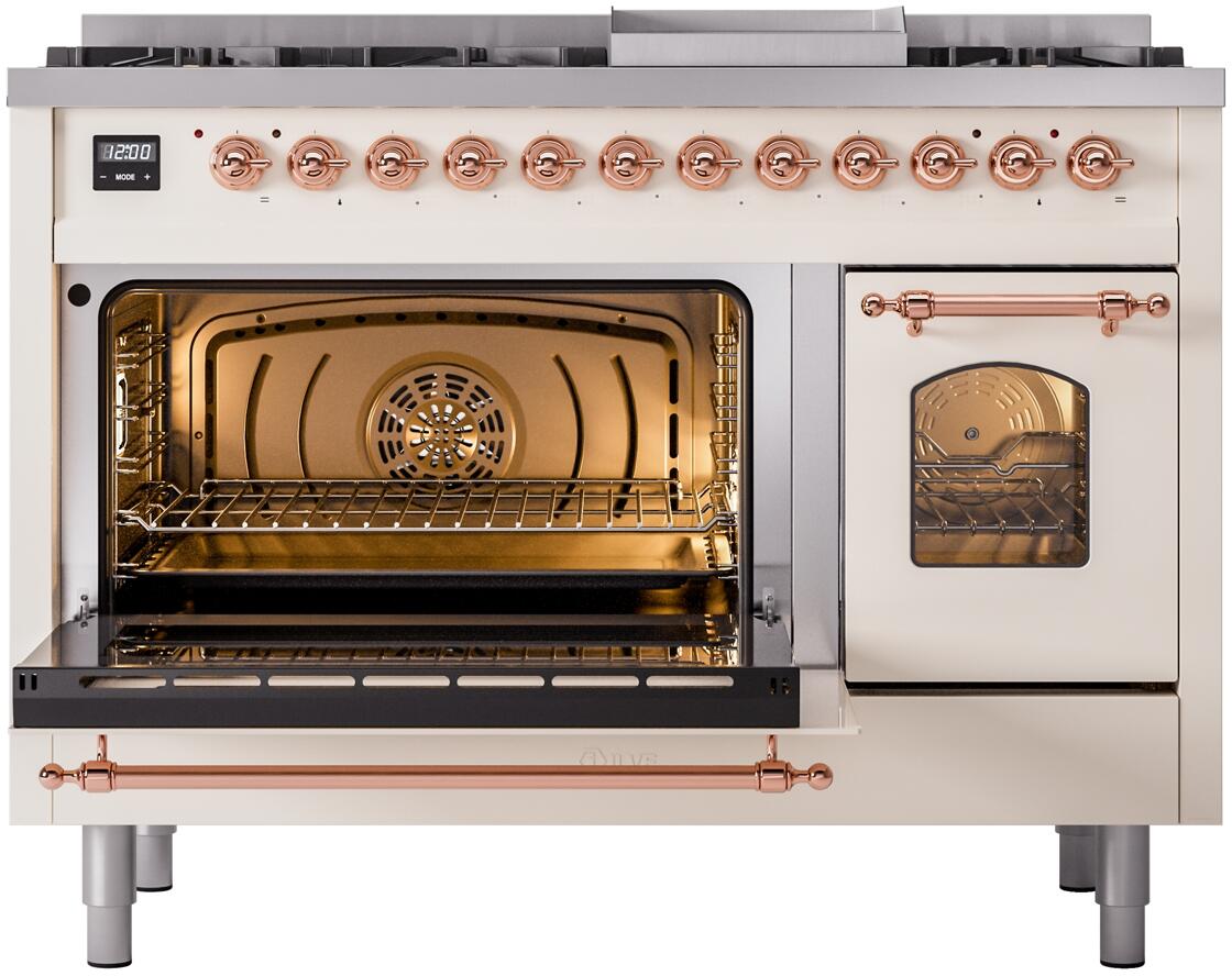 Ilve UP48FNMPAWP Nostalgie Ii 48 Inch Dual Fuel Natural Gas Freestanding Range In Antique White With Copper Trim