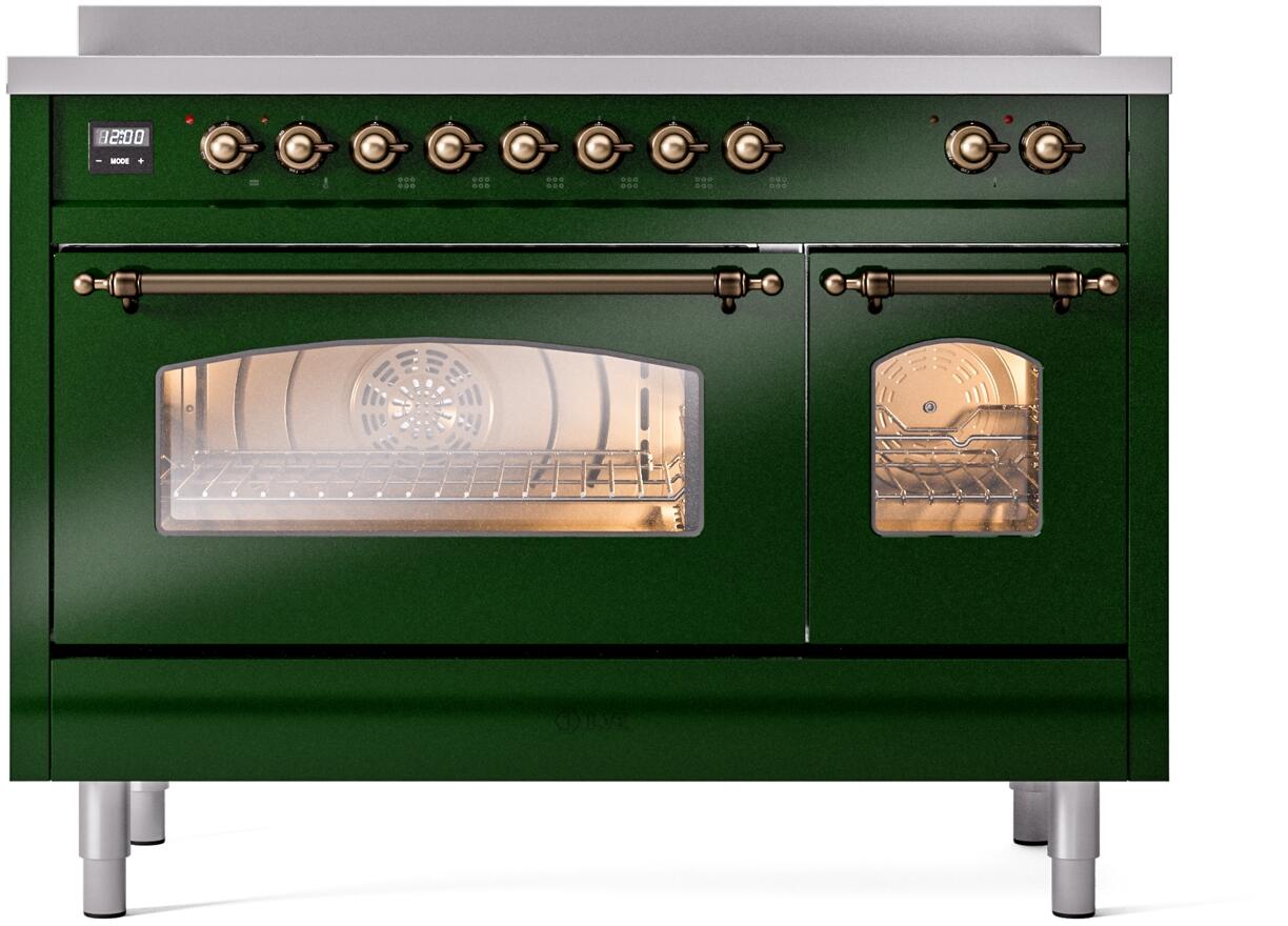 Ilve UPI486NMPEGB Nostalgie Ii 48 Inch Electric Freestanding Range In Emerald Green With Bronze Trim