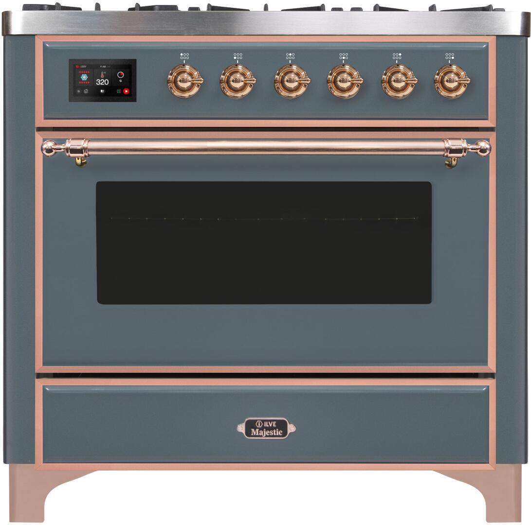 Ilve UM09FDNS3BGP Majestic Ii 36 Inch Dual Fuel Natural Gas Freestanding Range In Blue Grey With Copper Trim