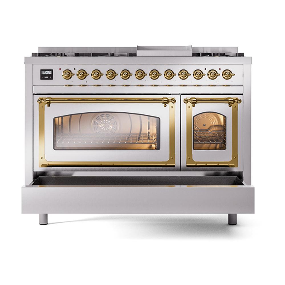 Ilve UN48FNMPSSG Ilve Un48Fnmpssg Nostalgie Ii Noblesse 48" Dual Fuel Range (8 Sealed Burners + Griddle, Natural Gas, Triple Glass Door, Stainless Steel, Brass)