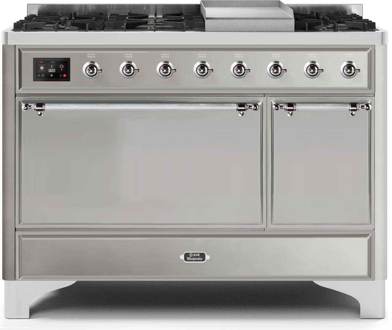 Ilve UM12FDQNS3SSC Majestic Ii 48 Inch Dual Fuel Natural Gas Freestanding Range In Stainless Steel With Chrome Trim