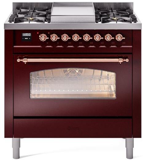 Ilve UP36FNMPBUP Nostalgie Ii 36 Inch Dual Fuel Natural Gas Freestanding Range In Burgundy With Copper Trim