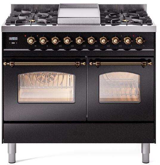 Ilve UPD40FNMPBKBLP Nostalgie Ii 40 Inch Dual Fuel Liquid Propane Freestanding Range In Glossy Black With Bronze Trim