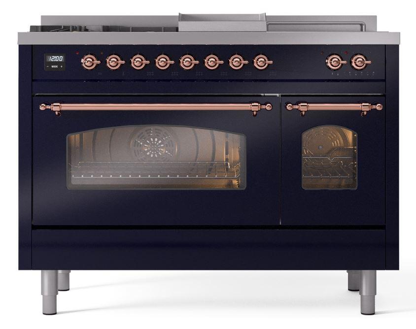 Ilve UP48FSNMPMBP Nostalgie Ii 48 Inch Dual Fuel Natural Gas Freestanding Range In Blue With Copper Trim