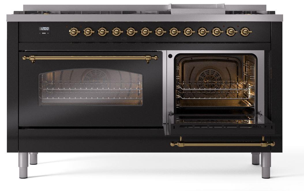 Ilve UP60FNMPBKGLP Nostalgie Ii 60 Inch Dual Fuel Liquid Propane Freestanding Range In Glossy Black With Brass Trim