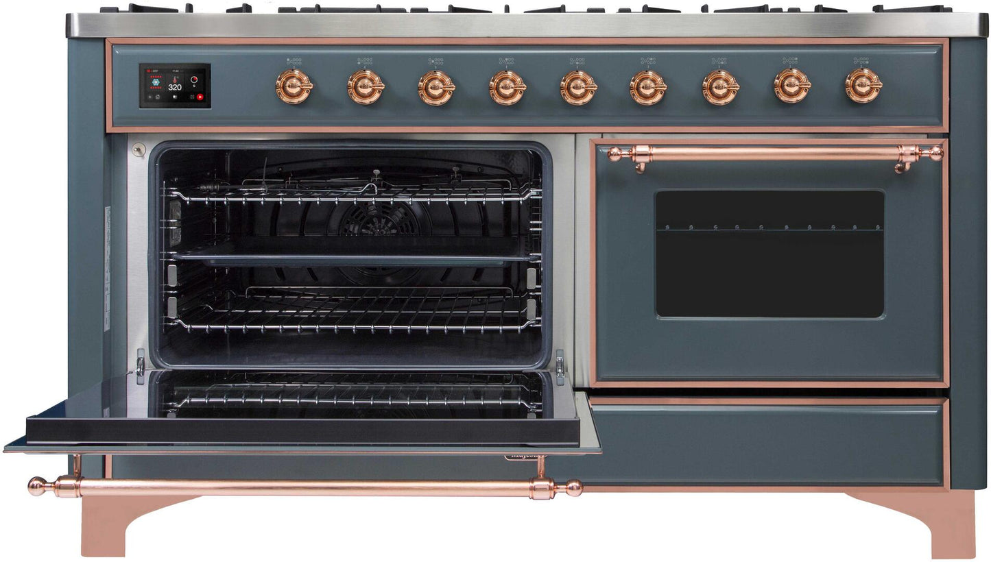 Ilve UM15FDNS3BGPLP Majestic Ii 60 Inch Dual Fuel Liquid Propane Freestanding Range In Blue Grey With Copper Trim