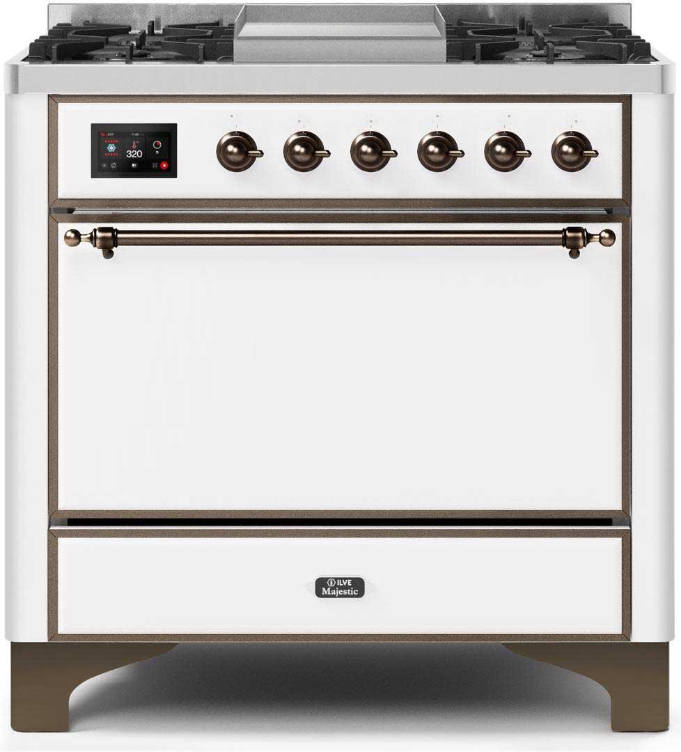 Ilve UM09FDQNS3WHB Majestic Ii 36 Inch Dual Fuel Natural Gas Freestanding Range In White With Bronze Trim