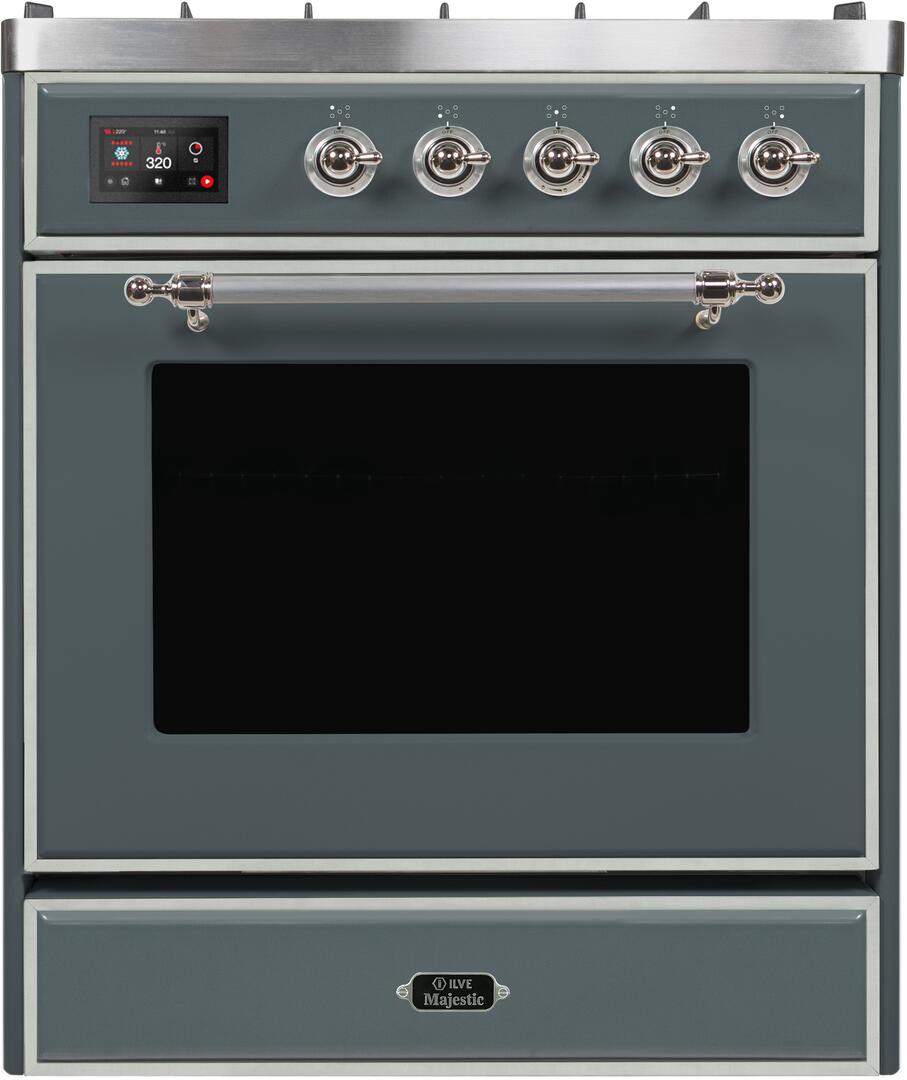 Ilve UM30DNE3BGC Majestic Ii 30 Inch Dual Fuel Natural Gas Freestanding Range In Blue Grey With Chrome Trim