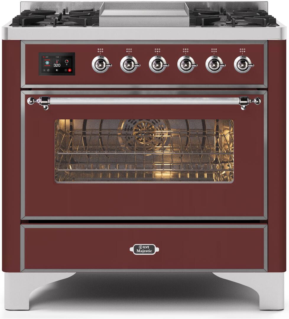 Ilve UM09FDNS3BUCLP Majestic Ii 36 Inch Dual Fuel Liquid Propane Freestanding Range In Burgundy With Chrome Trim