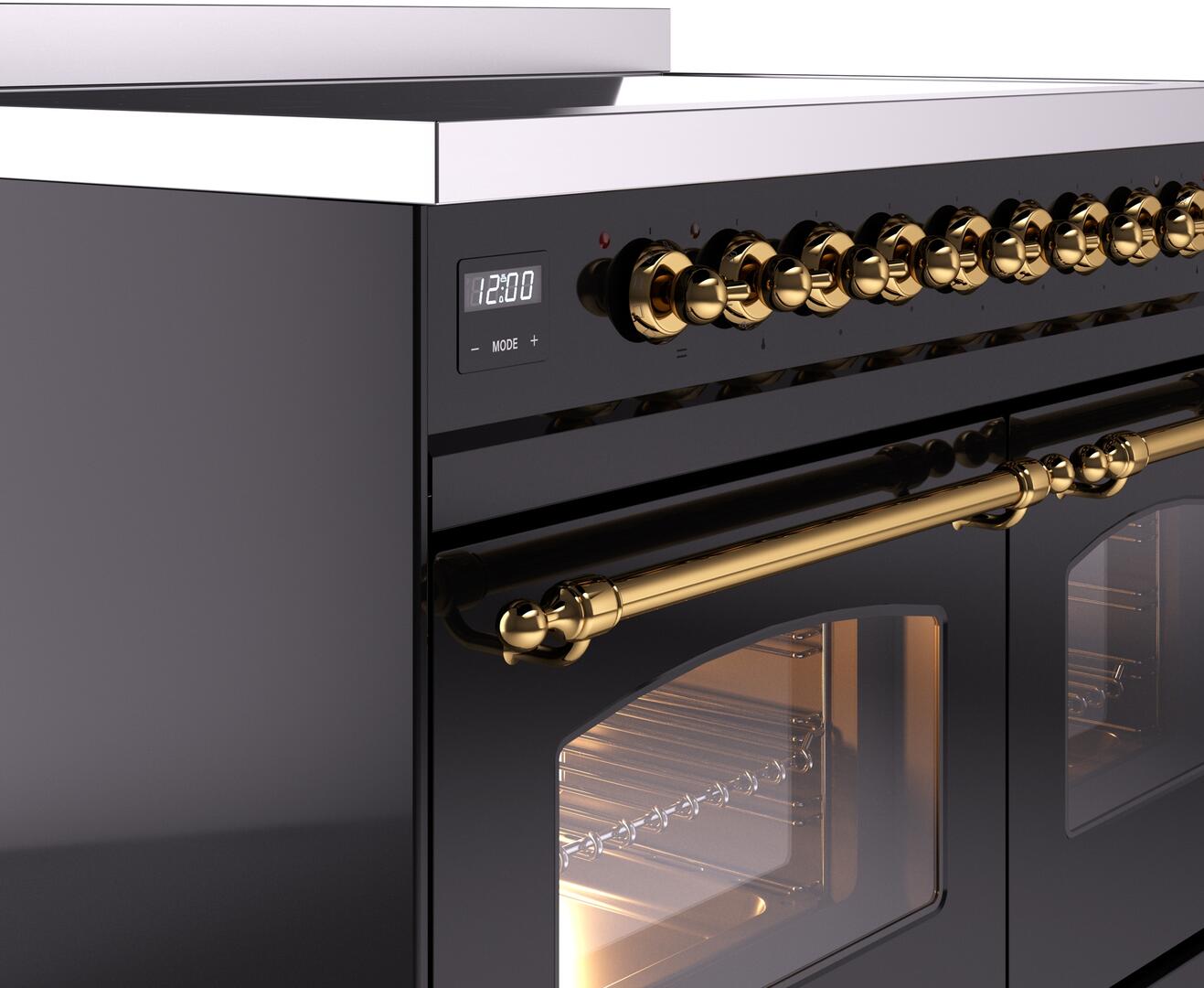 Ilve UPDI406NMPBKG Nostalgie Ii 40 Inch Electric Freestanding Range In Glossy Black With Brass Trim