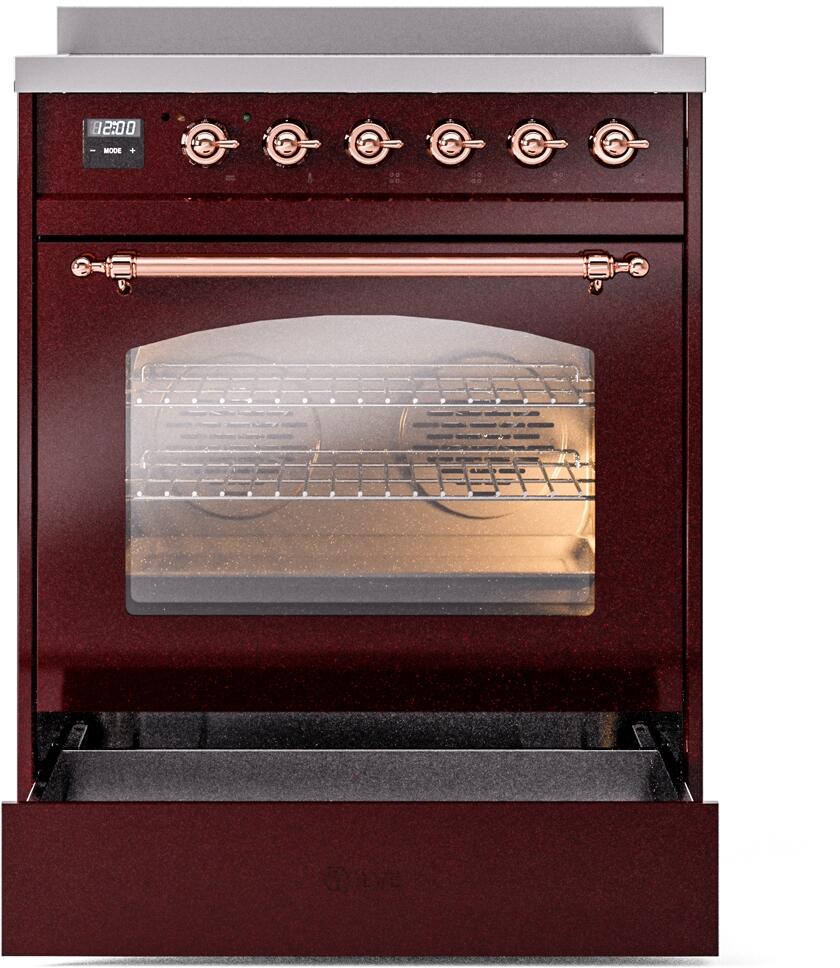 Ilve UPI304NMPBUP Nostalgie Ii 30 Inch Electric Freestanding Range In Burgundy With Copper Trim