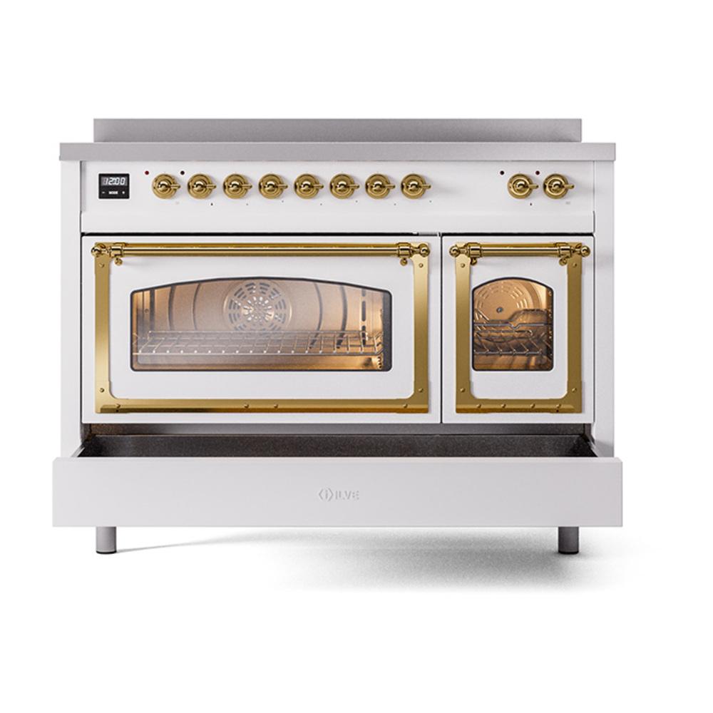 Ilve UNI486NMPWHG Ilve Uni486Nmpwhg Nostalgie Ii Noblesse 48" Induction Range (Triple Glass Door, White, Brass)