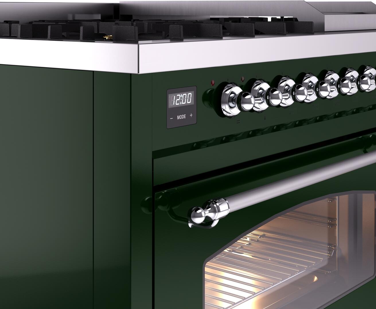 Ilve UP48FNMPEGC Nostalgie Ii 48 Inch Dual Fuel Natural Gas Freestanding Range In Emerald Green With Chrome Trim