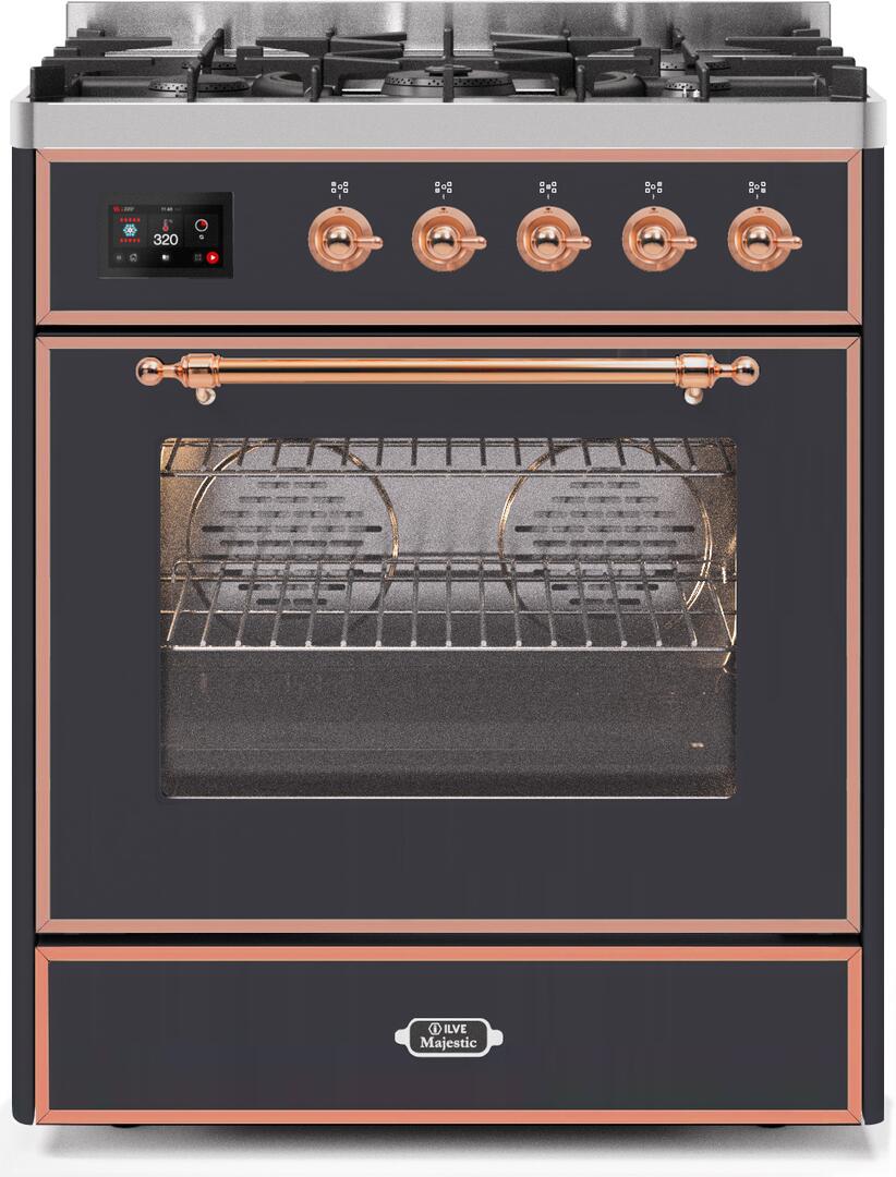 Ilve UM30DNE3MGP Majestic Ii 30 Inch Dual Fuel Natural Gas Freestanding Range In Matte Graphite With Copper Trim