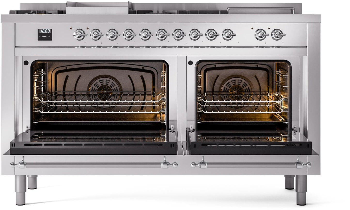 Ilve UP60FSNMPSSC Nostalgie Ii 60 Inch Dual Fuel Natural Gas Freestanding Range In Stainless Steel With Chrome Trim