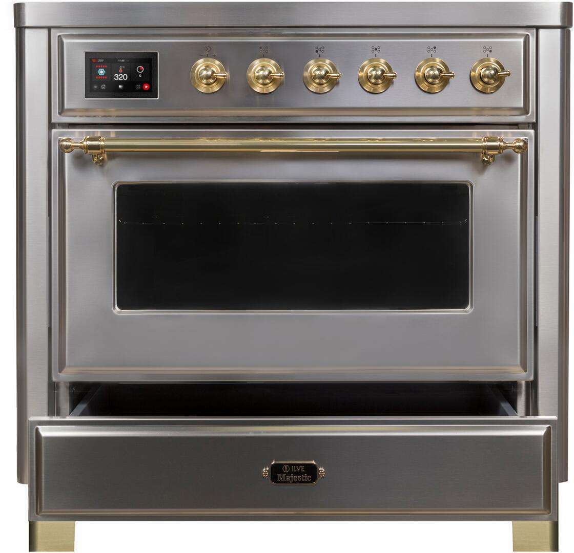 Ilve UMI09NS3SSG Majestic Ii 36 Inch Electric Freestanding Range In Stainless Steel With Brass Trim